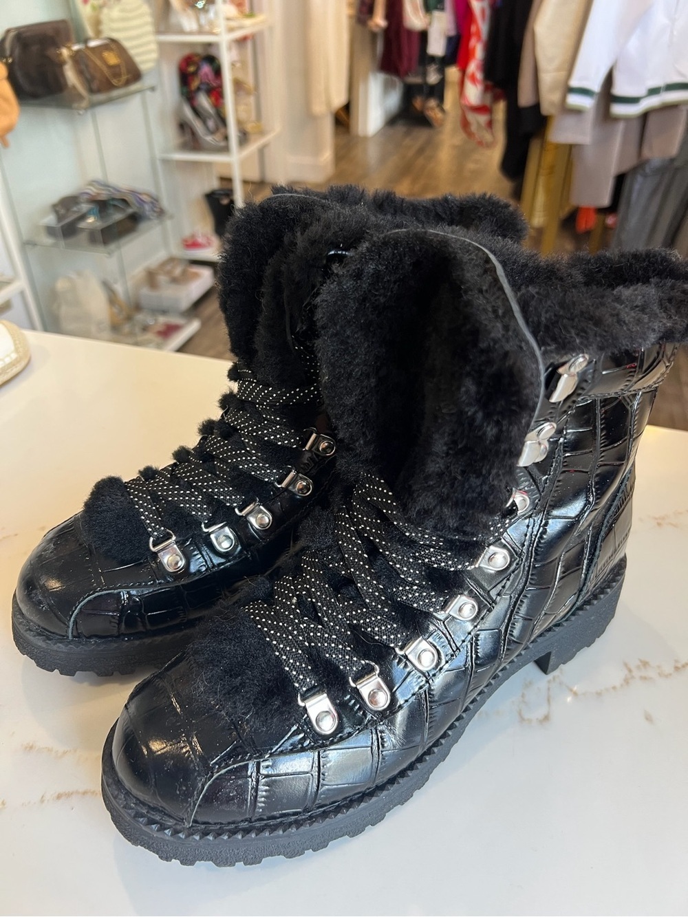 J. Crew Black Croc-Embossed Faux Fur Lace-Up Boots size 9